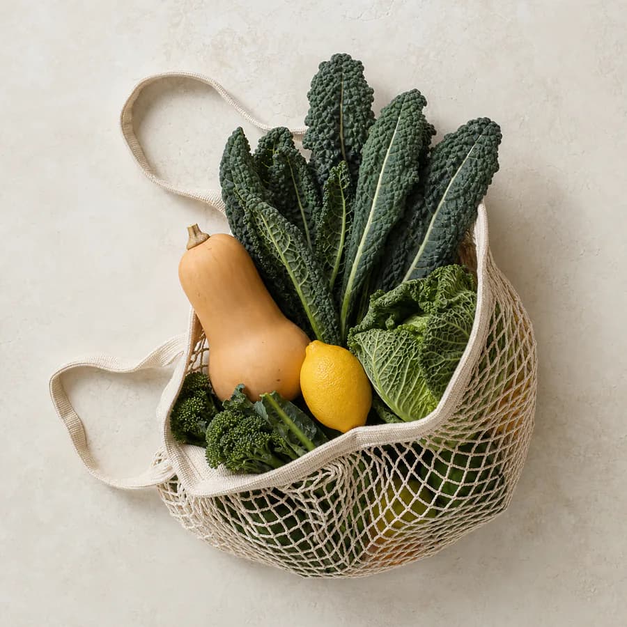 Borsa con zucca, cavolo nero, limone e verdure