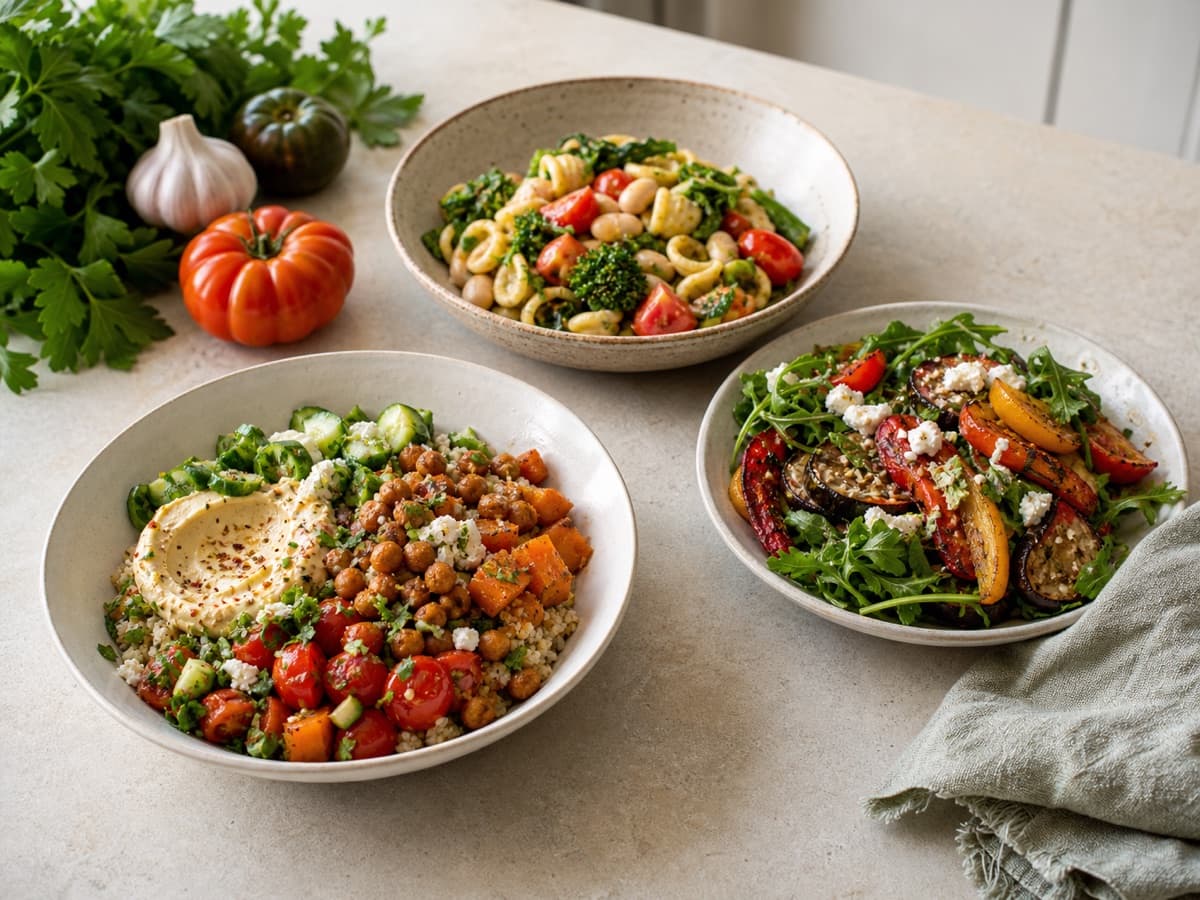 Tre piatti mediterranei con verdure, legumi e cereali pronti per la settimana