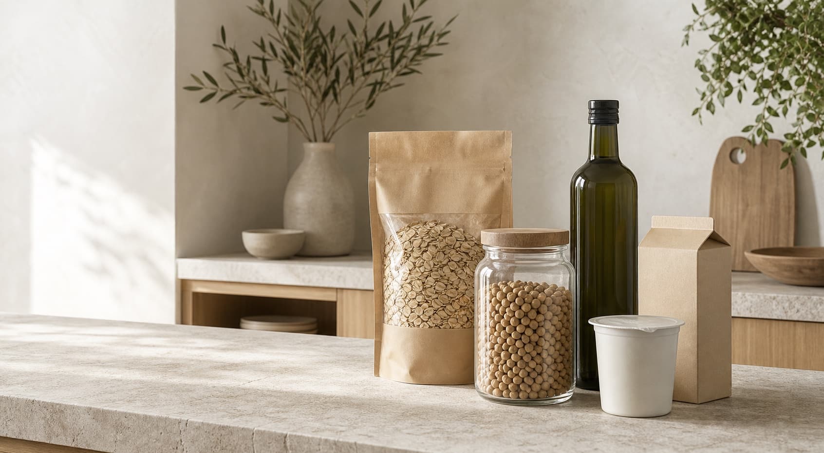 Prodotti alimentari confezionati disposti su un piano da cucina