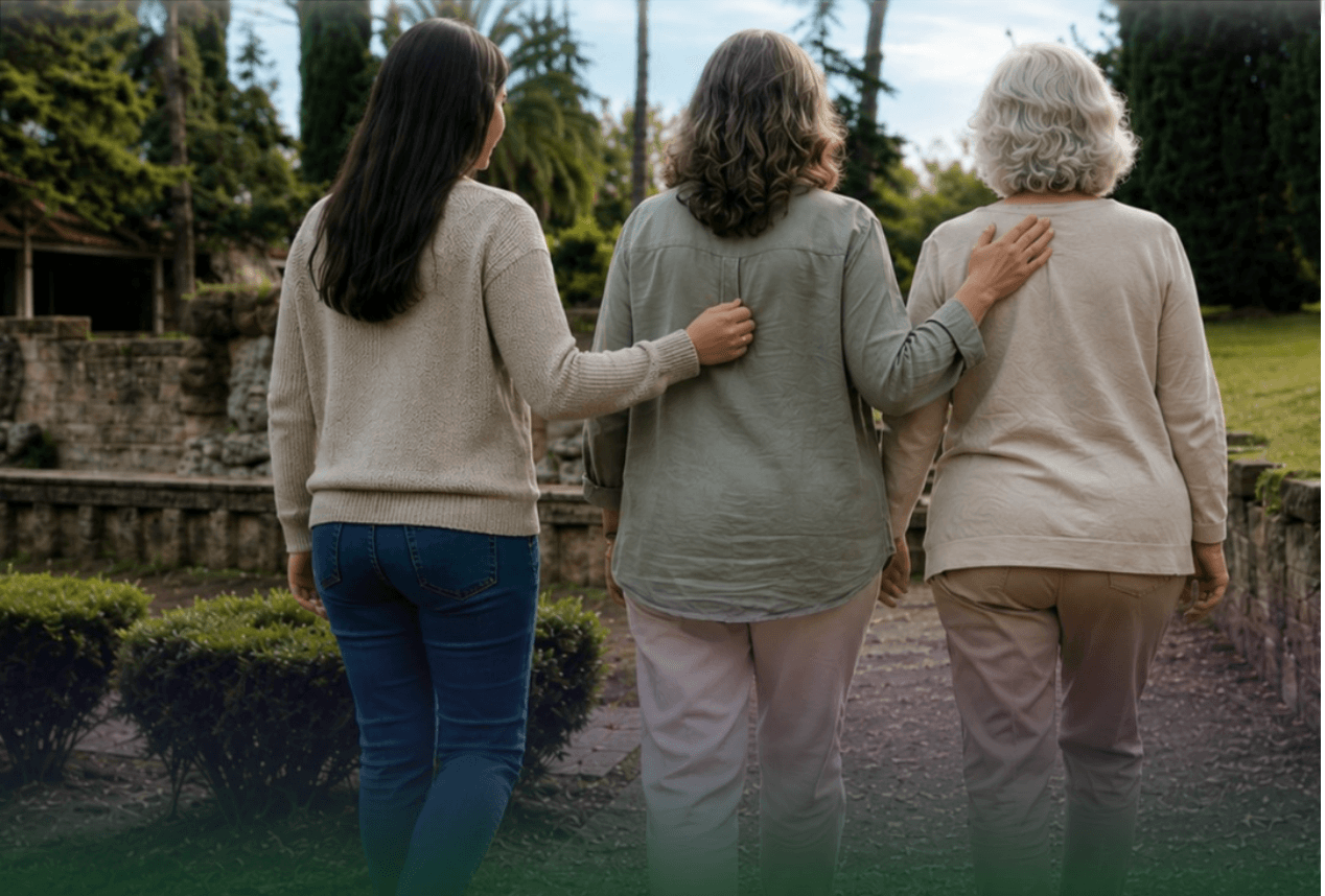 Tre persone camminano insieme in un giardino, abbracciandosi